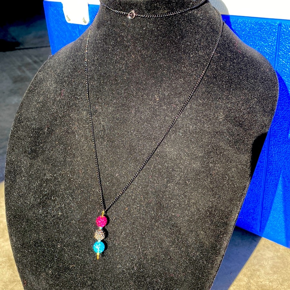3 sparkle ball necklace; black metal chain